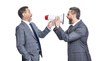 unsatisfied boss shouting at manager rival isolated on white. businessman announce a problem. attention please. businessman with loudspeaker announce business. new business announcement