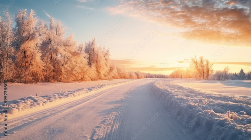 Poster a snow-covered road with trees in the background. suitable for winter-themed projects or travel-rela