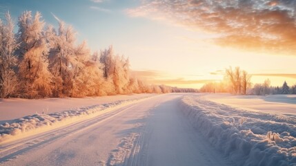 A snow-covered road with trees in the background. Suitable for winter-themed projects or travel-related content