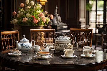 A hotel tea room with traditional decor, fine china, and a selection of teas
