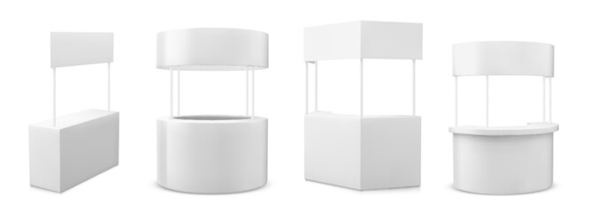 Set of promo booth templates isolated on white background. Vector realistic illustration of 3D stands with blank surface for advertising, exhibition stall for business trade fair, product presentation