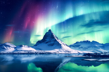 Fototapeta premium Aurora borealis dancing on mountain wallpaper. Night sky with polar lights. Night winter landscape.