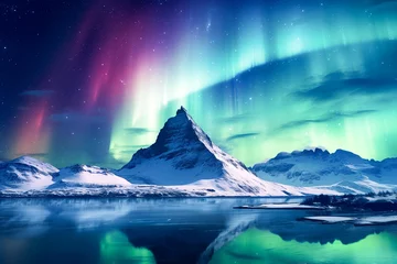 Foto auf Alu-Dibond Aurora borealis dancing on mountain wallpaper. Night sky with polar lights. Night winter landscape.   © BlazingDesigns