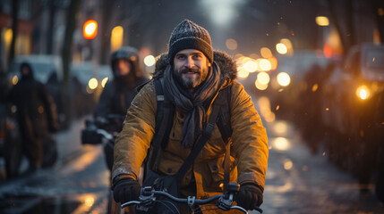 Man riding a bicycle in winter.