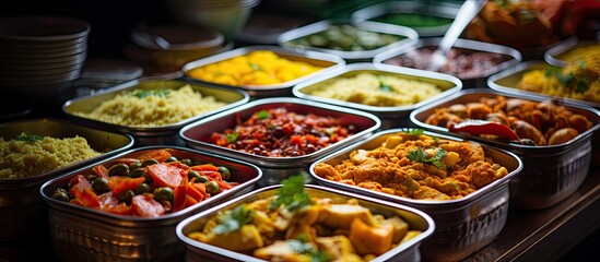 Indian cuisine available for takeaway at a London market. - obrazy, fototapety, plakaty