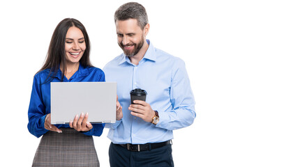 boss and employee using laptop. businesspeople isolated on white. remote business online. busy businesspeople colleagues. agile business. remote business work. Dynamic Business