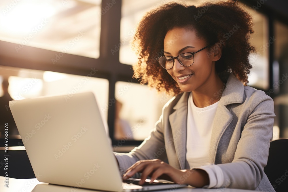 Poster a woman sitting at a table using a laptop computer. suitable for business, technology, or remote wor