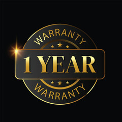 1 year warranty logo with golden shield and golden ribbon.Vector illustration.