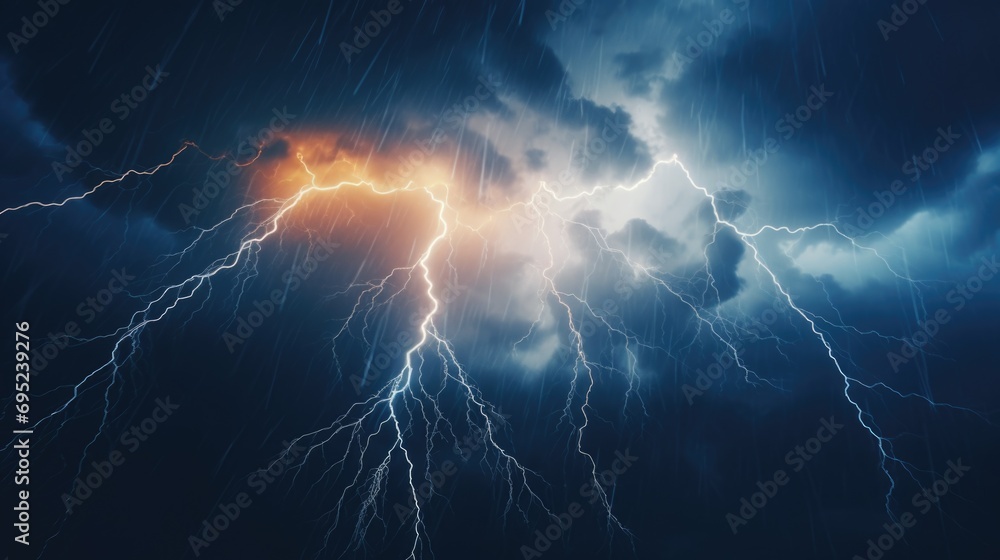 Poster a powerful lightning bolt strikes through a dramatic cloudy sky. this captivating image captures the
