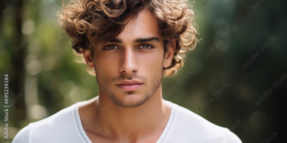 Poster a picture of a man with curly hair wearing a white shirt. this versatile image can be used in variou