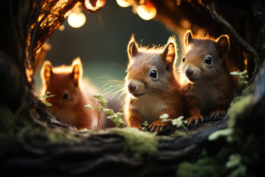 The image depicts a cute, fluffy squirrel in a forest setting, perched on a tree branch while eagerly nibbling on a nut This visual captures the essence of wildlife and nature through the detailed por