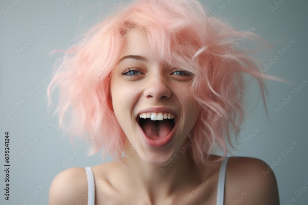 Poster a woman with vibrant pink hair is captured in the midst of making a comical expression. this image c