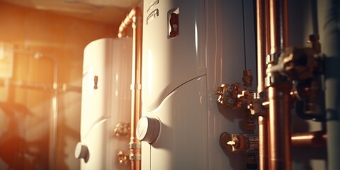 A row of water heaters lined up next to each other. Can be used to illustrate plumbing, home appliances, or energy efficiency