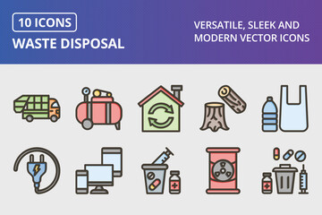 Waste Disposal Thick Line Filled Colors Icons Set