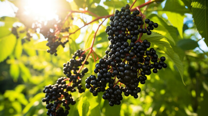 clusters fruit black elderberry in garden in sun light (sambucus nigra). generative ai - obrazy, fototapety, plakaty