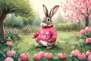 A cute white rabbit wearing an ugly sweater, in a garden with an apple tree. A children's book illustration.