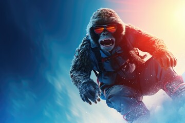 A man dressed in a gorilla suit snowboarding down a hill. Perfect for humorous and unique winter sports-themed designs - obrazy, fototapety, plakaty