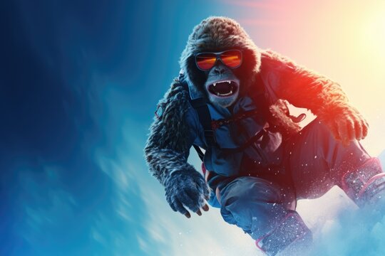 A man dressed in a gorilla suit snowboarding down a hill. Perfect for humorous and unique winter sports-themed designs