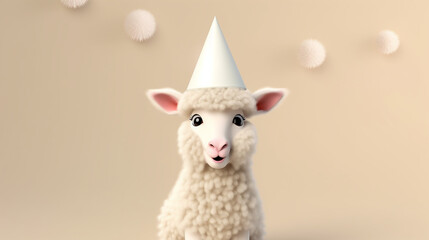 white cute cartoon sheep smile wearing party hat decoration