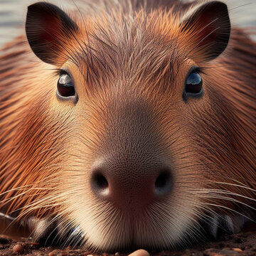 Capibara adulto descansando a la orilla de un r&iacute;o