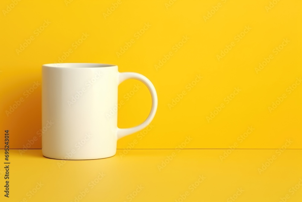 Poster a white coffee cup resting on a vibrant yellow surface. perfect for adding a pop of color to any des