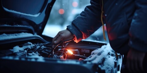 A person is checking the engine of a car in the snow. Suitable for automotive repair and winter driving concepts