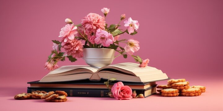 A vase of flowers sitting on top of a stack of books. Perfect for adding a touch of nature to any educational or literary project