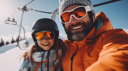A man and a little girl sitting on a ski lift. Perfect for capturing the joy and excitement of a winter vacation - obrazy, fototapety, plakaty