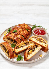 Breakfast Braid with ground beef, eggs, top view