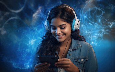 Indian woman using headphone and smartphone till late night - obrazy, fototapety, plakaty