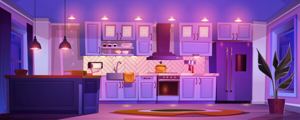Home kitchen interior at night with clean modern furniture and appliances, light from hanging lamps. Cartoon vector dark evening cozy cooking room with large window and equipment with utensils.