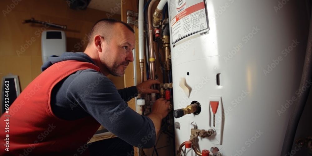 Poster a man is pictured fixing a water heater in a kitchen. this image can be used to illustrate home main