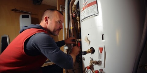 A man is pictured fixing a water heater in a kitchen. This image can be used to illustrate home maintenance or plumbing repairs