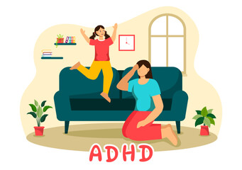 ADHD or Attention Deficit Hyperactivity Disorder Vector Illustration with Kids Impulsive and Hyperactive Behavior in Mental health and Psychology