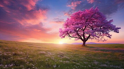 Fototapeta na wymiar Colorful Spring Sunrise on meadow