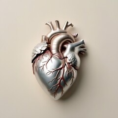 Metallic pastel coloured  human heart lying flat on a light background
