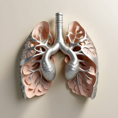 Metallic pastel coloured human lungs lying flat on a light background