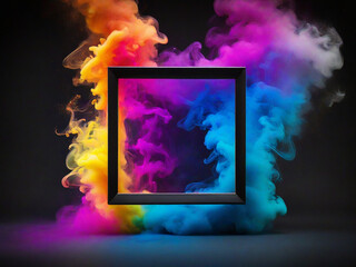 Colorful smoke outside the square frame on a dark background