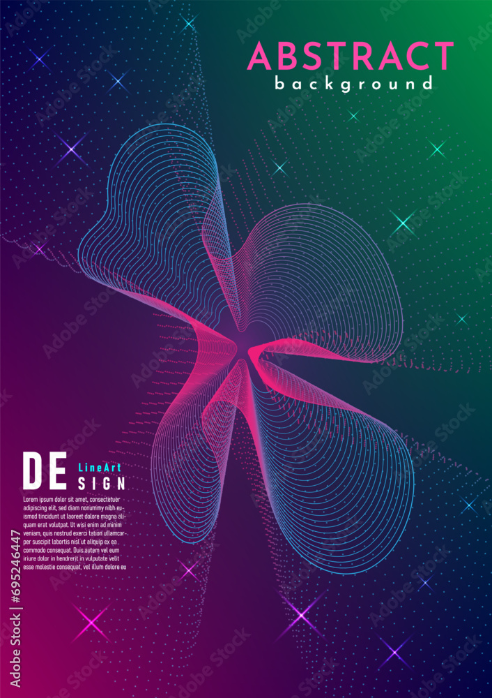 Poster abstract background with moving curves and dotted lines at the bottom with sparkling stars scattered