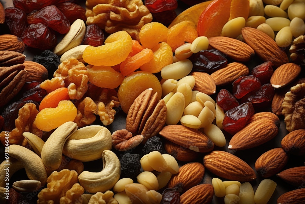 Poster a mix of various nuts and dried fruits arranged on a table. ideal for healthy snacks or food-related