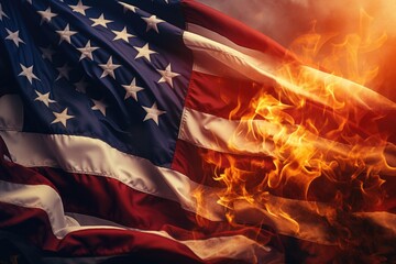 An American flag on fire with the sun in the background. Suitable for illustrating themes of patriotism, protest, or political unrest. Ideal for use in news articles, blogs, or social media posts