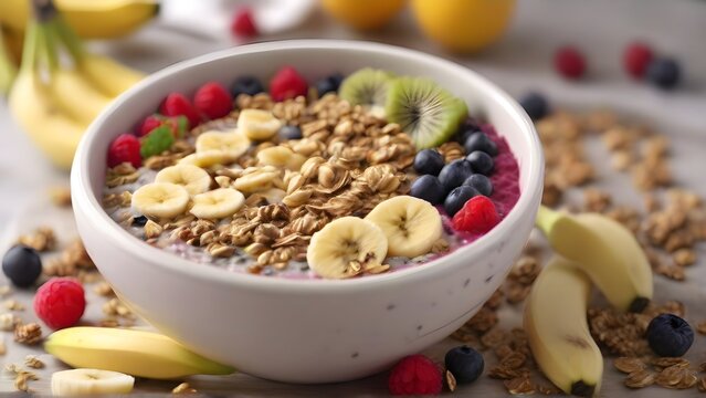 Smoothie Bowl: Blend your favorite fruits, vegetables, and yogurt into a smoothie, then top it with granola, chia seeds, and sliced bananas, background image, generative AI