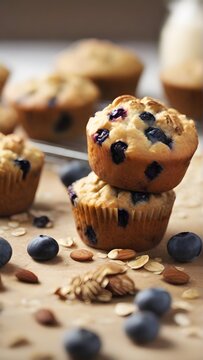 Homemade Breakfast Muffins: Bake muffins with whole-grain flour, oats, and a variety of mix-ins such as blueberries, nuts, or chocolate chips, background image, generative AI
