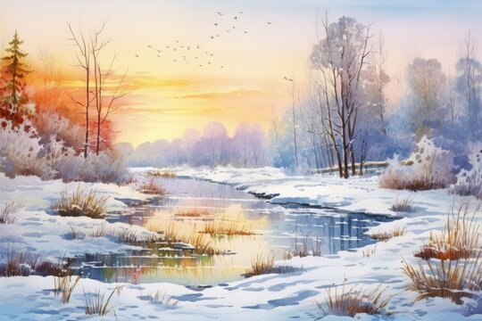 A beautiful watercolor painting capturing the serene beauty of a winter scene. This painting can be used to add a touch of winter charm to any project or design