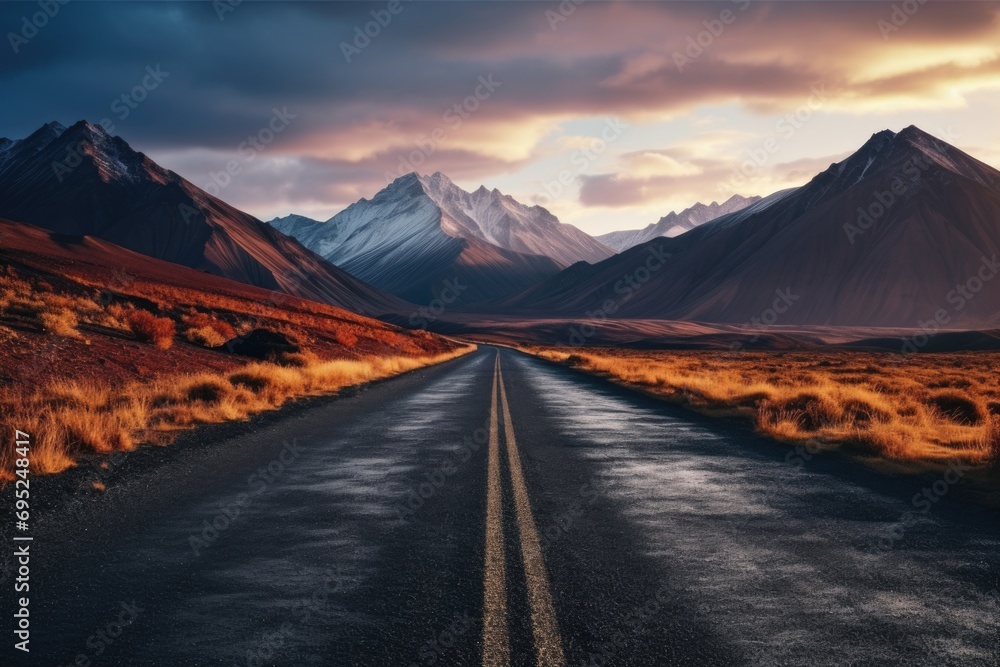 Poster a picture of an empty road with mountains in the background. suitable for travel and adventure theme
