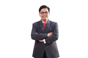 Asian businessman standing with folded hands and looking at the camera. Isolated on white