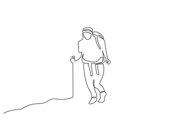 woman person backpack season nature hiking trekking activity one line art design