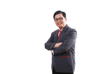 Obraz na płótnie Canvas Asian businessman standing with folded hands and looking at the camera. Isolated on white