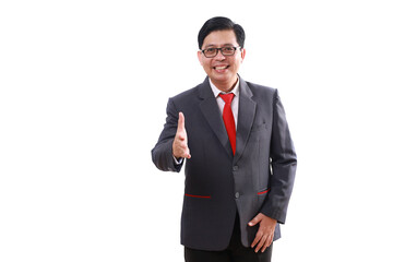 Obraz na płótnie Canvas Friendly asian businessman standing while offering hand. Isolated on white