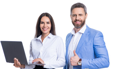 businesspeople isolated on white. freelancer working online. boss and employee has online. businesspeople in formalwear with laptop in office. Remote online working. Business success. thumb up